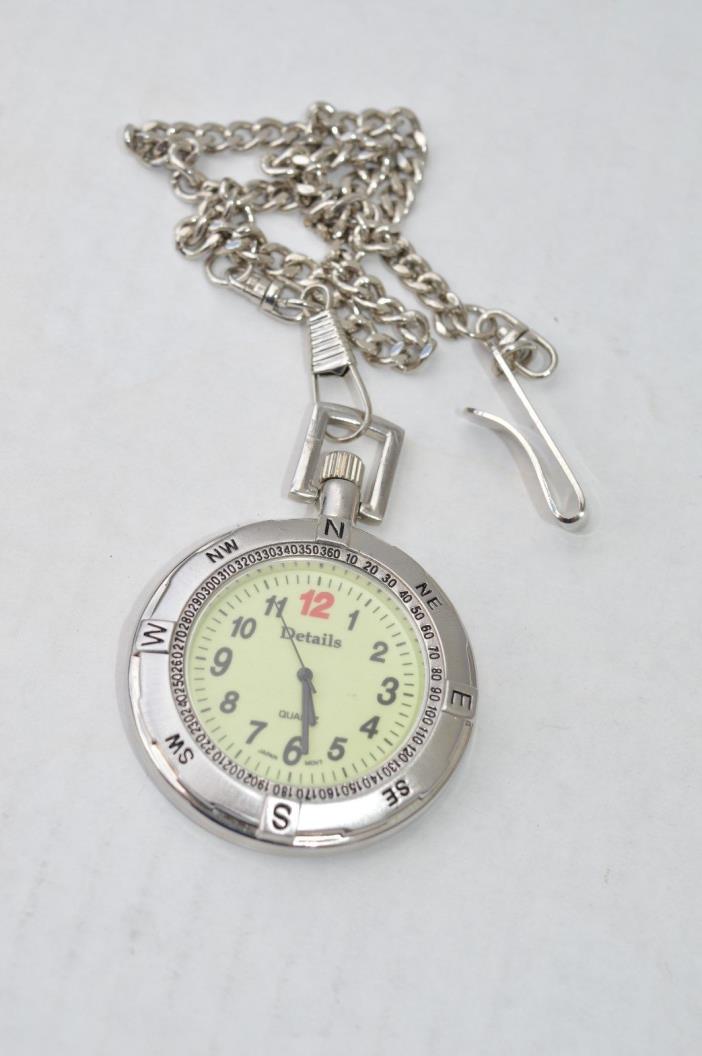 DETAILS  Quartz Pocket Watch, clean working condition, with chain, Nice