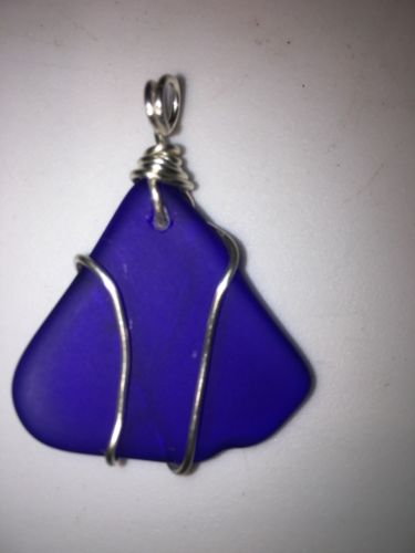 Cobalt Blue Sea Glass Wire Wrapped Handcrafted Pendant (123)