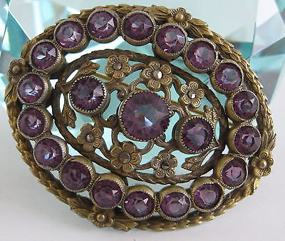 Victorian Brass Sash Pin Amethyst Purple Faceted Crystal Marcasite Openwork