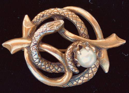 Victorian Mourning Pin Brooch Snake Serpent Pearl Eternal Love Wisdom