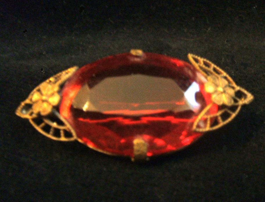 Vintage Brass and Large Faceted Red Glass Stone Brooch Pin