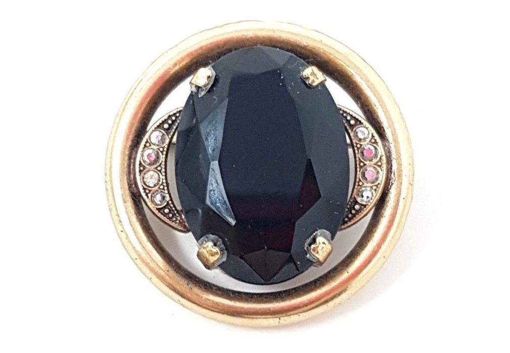 Vintage Art Deco Art Nouveau Onyx rhinestone Round Gold Plated Brooch