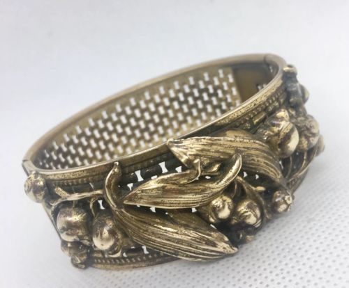 Wide Gilt Floral Basket Weave Bracelet Ornate Scrolling Vintage Jewelry