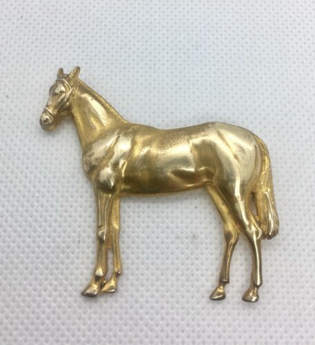 Art Deco Gilt Brass Horse Brooch Thoroughbred Equestrian Vintage Jewelry