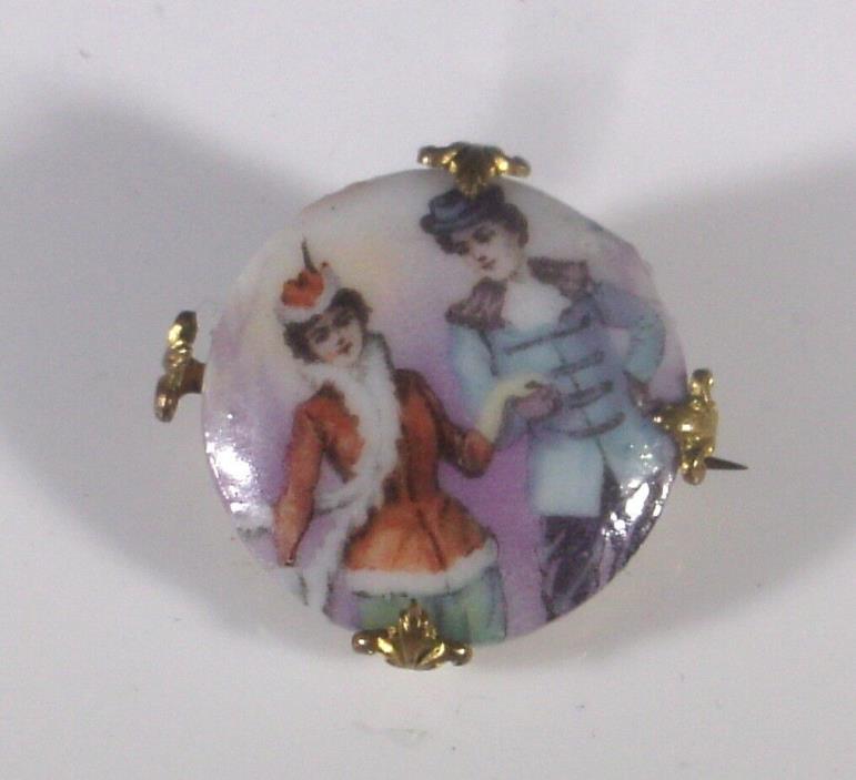 Vintage Victorian Deco Hand Painted Two Ladies in Bonnets Brooch