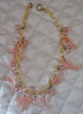 VINTAGE RARE ART DECO CELLULOID GLASS PINK SEA HORSE STAR FISH CHARM NECKLACE