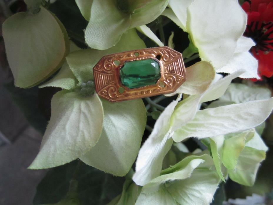 Antique Vintage Emerald Rhinestone & Brass Pin, Art Nouveau, Victorian