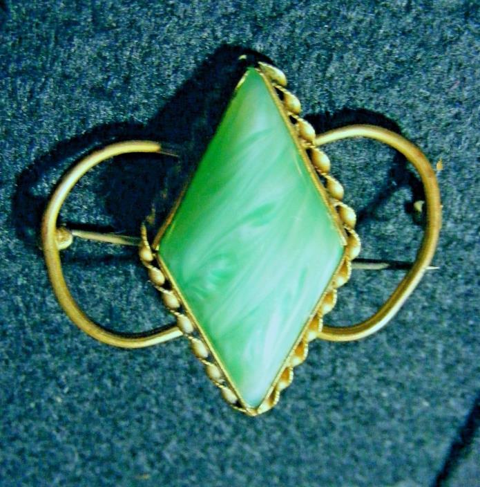 Vtg Antique Art Deco Green Art Glass Twisted Wire Brooch Pin c.1930-40's