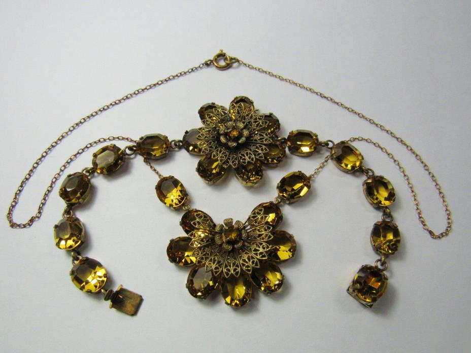 Vintage Deco Yellow Glass Czechoslovakia Czech Filigree Necklace Bracelet Set