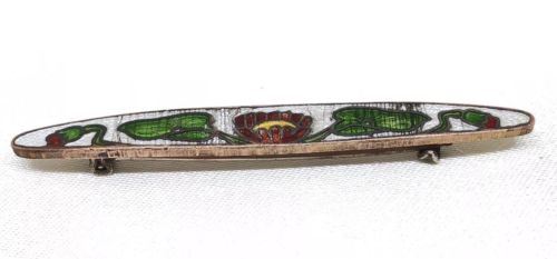 Antique C Clasp Guilloche Bar Pin Red & Yellow Water Lily Art Deco