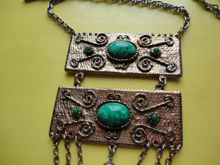Vtg Art Deco Heavy Necklace W/ Green Turquoise? Cabochon Stones Gold Tone  #46