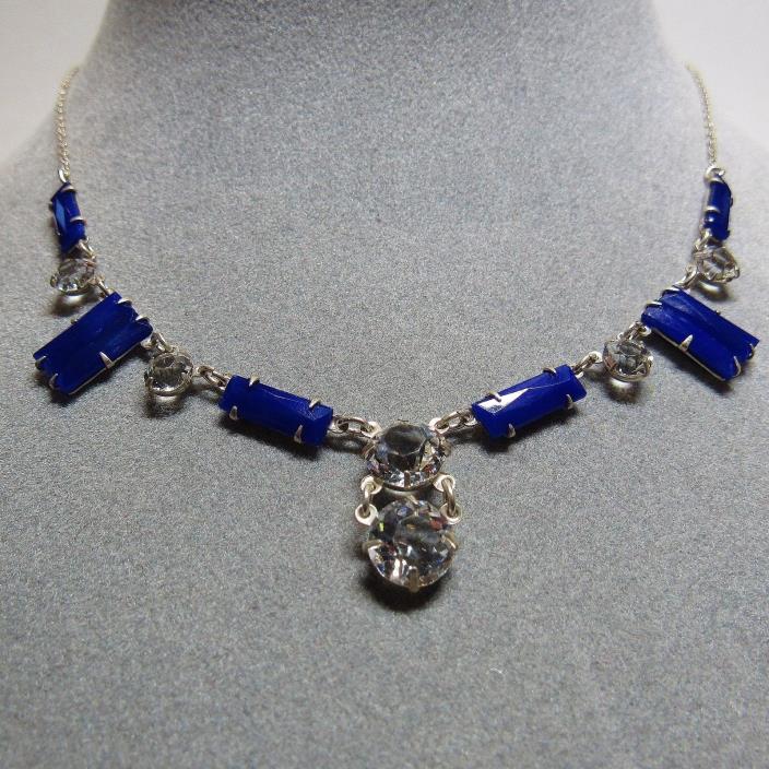 STERLING SILVER Vintage CZECHOSLOVAKIA Czech Royal BLUE Glass Art Deco Necklace