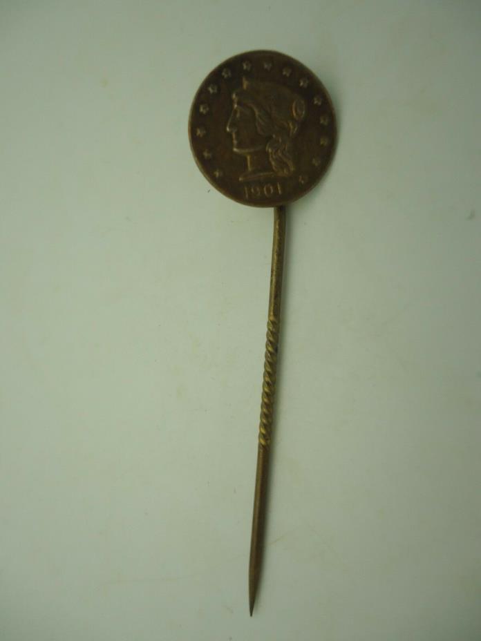 Vintage Gold Toned Victorian Woman Tin Coin 1901 Hat Lapel Tie Scarf Stick Pin