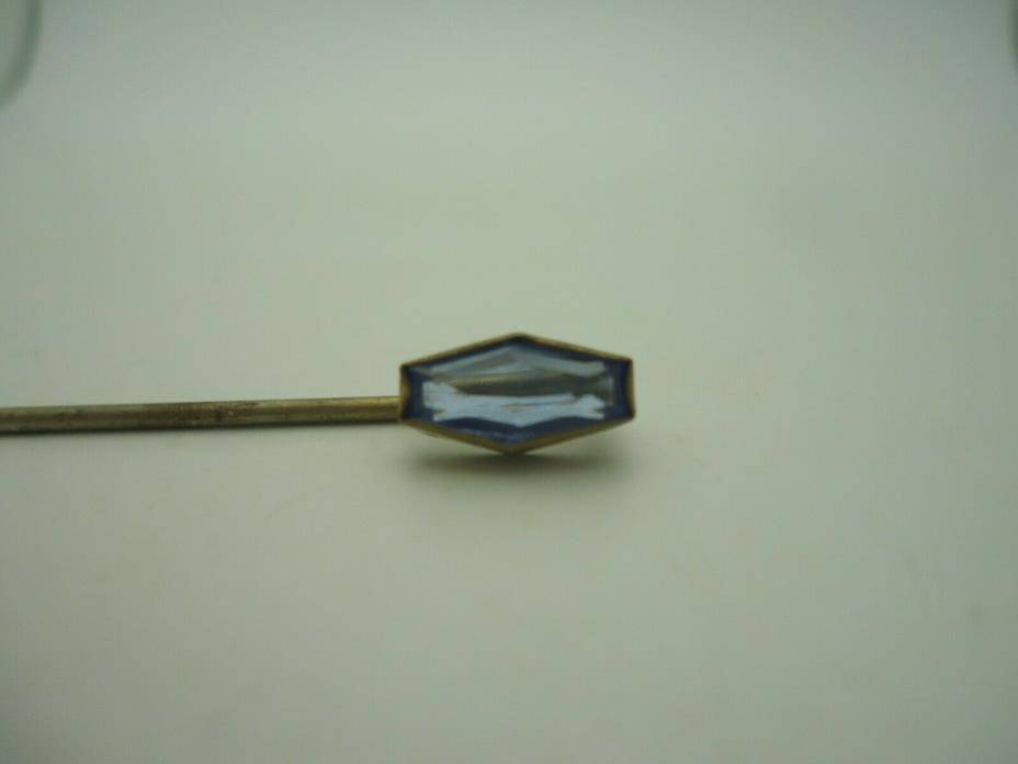 Art Deco Brass Blue Topaz Oblong Hexagon Hat Lapel Tie Scarf Stick Pin