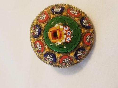 Vintage Round Micro Mosaic Floral Brooch Pin Italy Gilt Millefiori