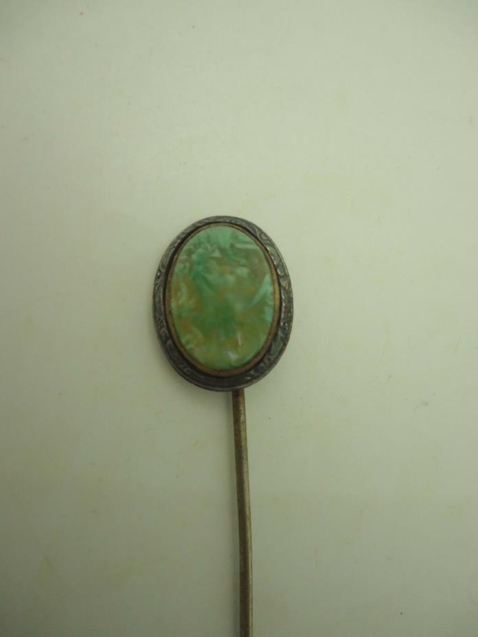 Art Deco Green Marbled Stone Silver Tone Hat Lapel Tie Scarf Stick Pin