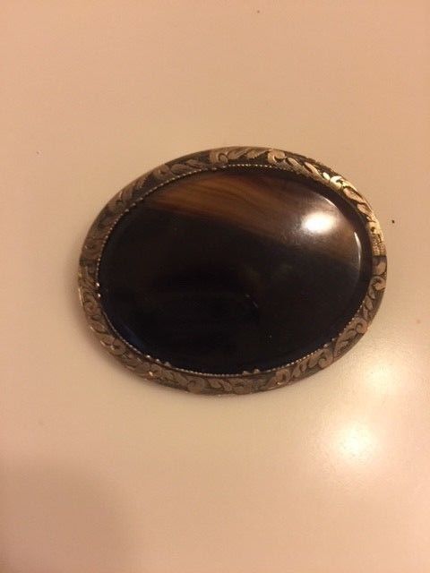 Antique Silver Filigree Tiger Eye Stone Pin Brooch