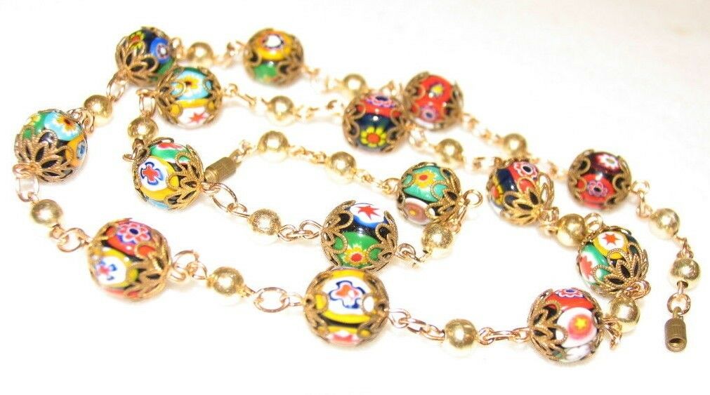 Antique Gold Filled Venetian Murano Millefiori Moretti Glass Beads Necklace EX!