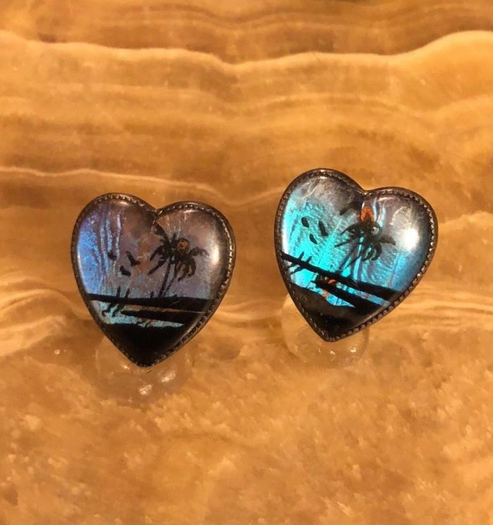 Vintage Art Deco Sterling Silver Blue Morpho Butterfly Wing Heart Earrings