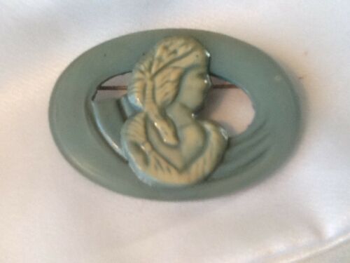 Vintage Early Green Plastic Oval Cameo Cut Out Pin Rare!