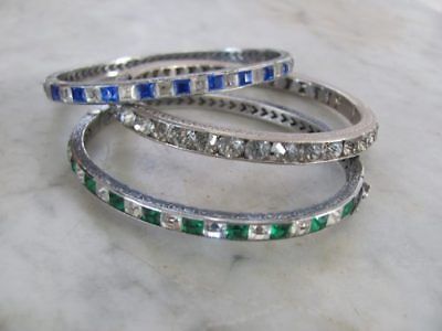 SET-3) VTG 1920s ART DECO Channel-Set *FLAPPER BANGLES Sapphire-Emerald-Crystals