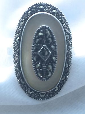 Vintage Sterling Silver Art Deco Long Ring MOP Marcasites  Size 9  6.2g