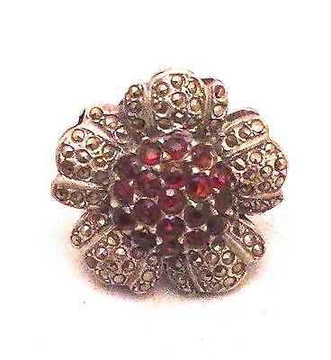Vintage Art Deco Sterling Silver Flower Ring Marcasites Garnets Size 7.5