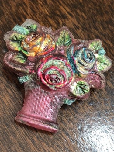 Antique Solid  Pressed Glass Rose Flower Basket Pin Brooch With C- Clasp Estate
