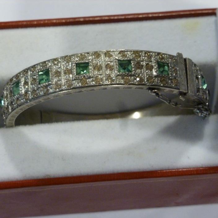 1920s ALLCO (AL LINDROTH) WHITE + GREEN RHINESTONE BANGLE BRACELET EXC CONDITION