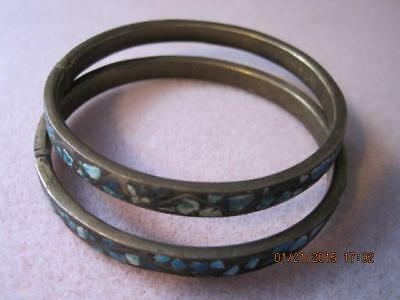 TURQUOISE GEMSTONE Inlay Antique INDIA Brass Bangle Bracelets Set of 2