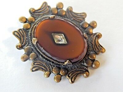 Vintage Copper & Glass Stone Rhinestone Art Deco Brooch Pin
