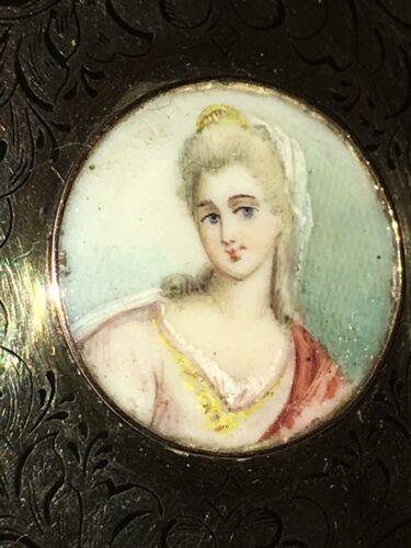 Antique Cameo Portrait Brooch Hand Painted French Sterling Silver Niello Pin