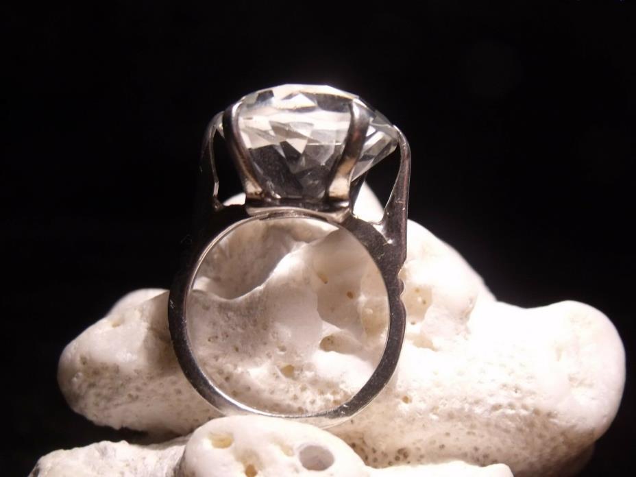 Amazing Large Art Deco Sterling Silver 15 mm Brilliant Cut Rock Crystal Ring
