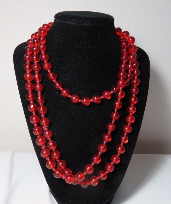 Art Deco Flapper Knotted Red Bead Vintage  Necklace 58+ inches