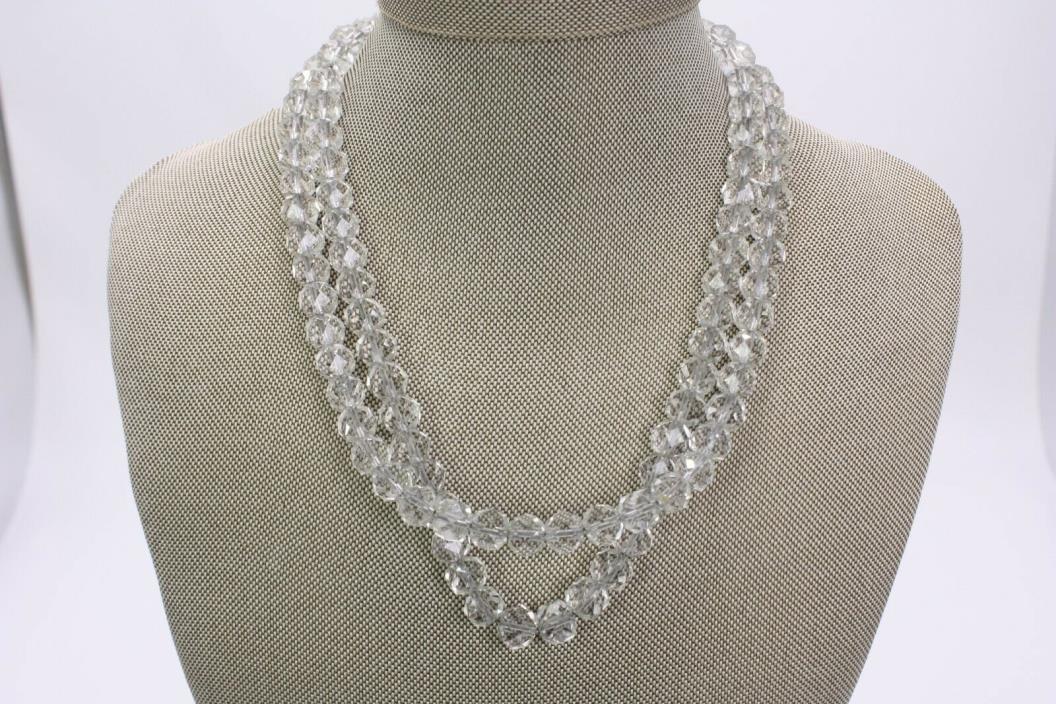 Double Strand Cut Faceted Crystal Necklace Sterling Chain Vtg Antique 17