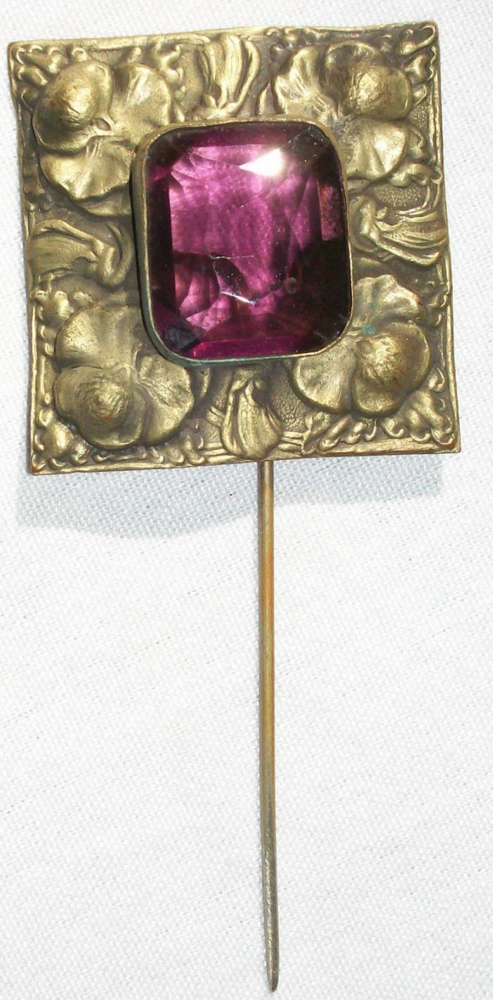 Art Nouveau Amethyst Glass & Brass Pansies Scarf/Stick Pin