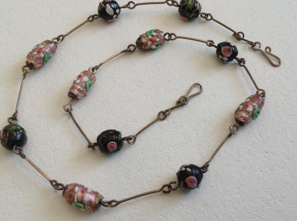 Vintage 1920 Art Deco Italian Venetian Wedding Cake Glass Bead Necklace On Brass