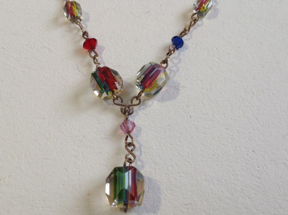 Vintage Art Deco European Faceted Rainbow Cane Glass Necklace Gold Color Metal