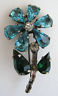Vintage Czech Emerald Green Blue Zircon Crystal Rhinestone Flower Pin Signed