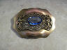 ANTIQUE PIN LARGE BRASS ART NOUVEAU BLUE GLASS STONE OLD