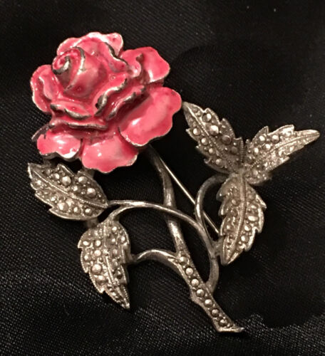 Vtg Pink Enamel Rose Flower Silver Brooch Marcasite Peony Pin Antique Art Deco