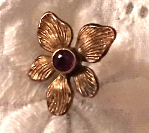 Antique Amethyst Gold Plate Daisy Flower Stick Pin Brass Lapel Art Nouveau Vtg