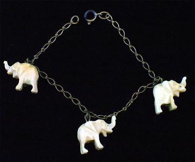 Art Deco Carved Elephant Charm Bracelet Trunk UP