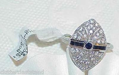 18k .30ct Sapphire Diamond Filigree Art Deco Ring New W/Tag White Gold Size 6.75