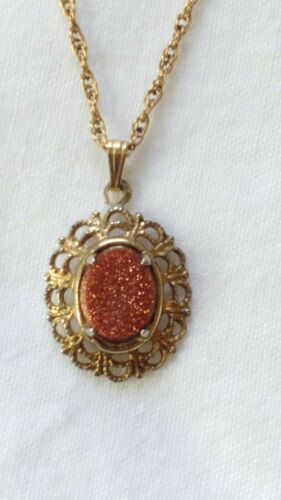 Vtg 12k Gold Filled Necklace and Sun Stone pendant signed Atlas. 18
