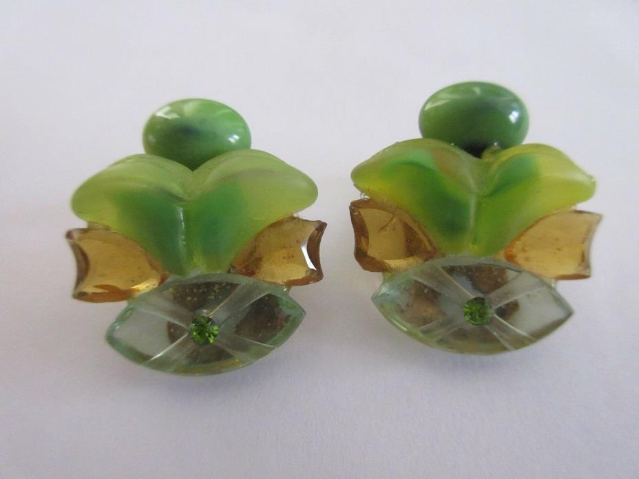 Vintage Molded Amber, Peridot Glass Art Deco Clip Earrings, 