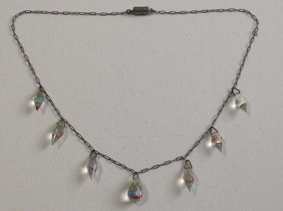 Vintage Deco Rainbow Iris Glass Briolette Drop Necklace Silver Paperclip Chain