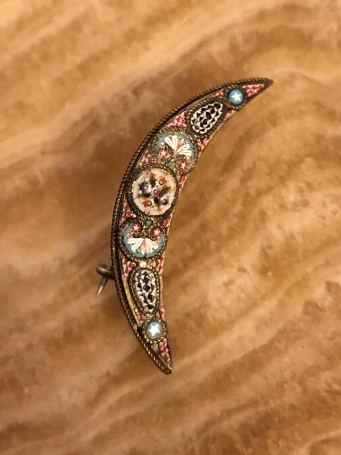Antique Italy Micro Mosaic Millefiori Floral Pin or Brooch Crescent Moon
