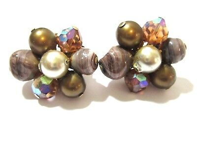 GRAY BROWN FAUX PEARL AB CRYSTAL CLUSTER EARRINGS ATTRACTIVE VINTAGE 1960'S
