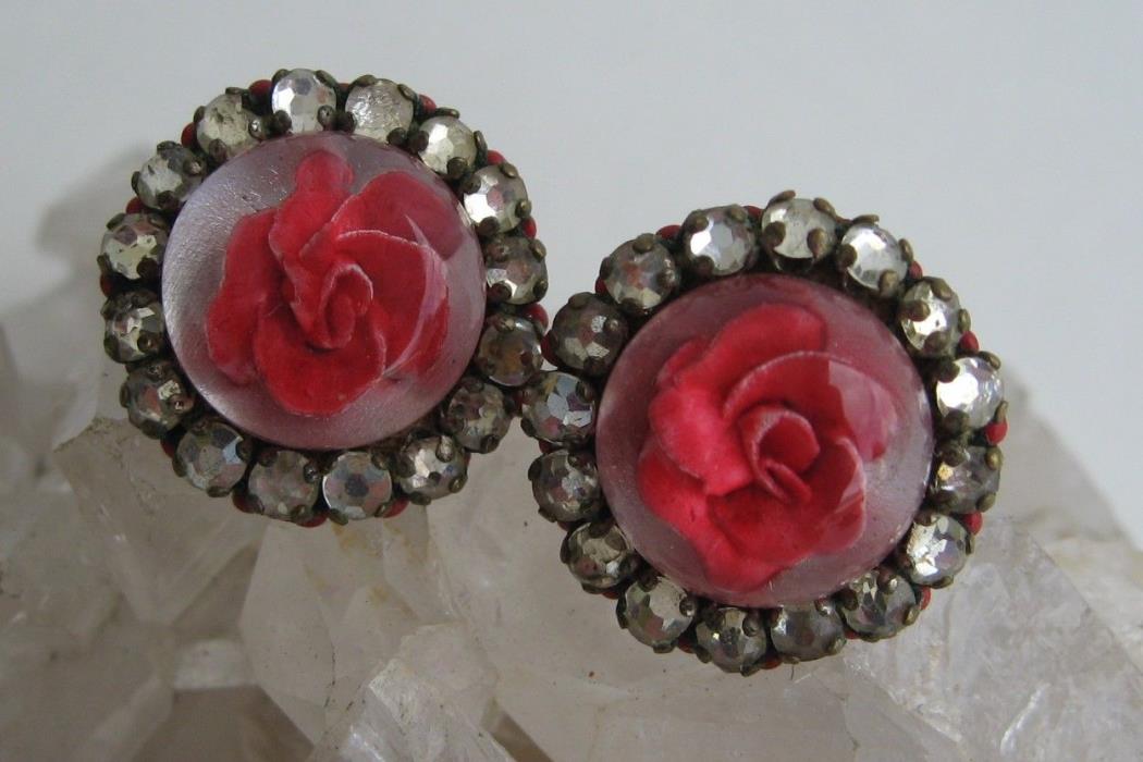 Reverse Carved Red Rose Earrings Lucite Button Rhinestone Paste Halo Handmade